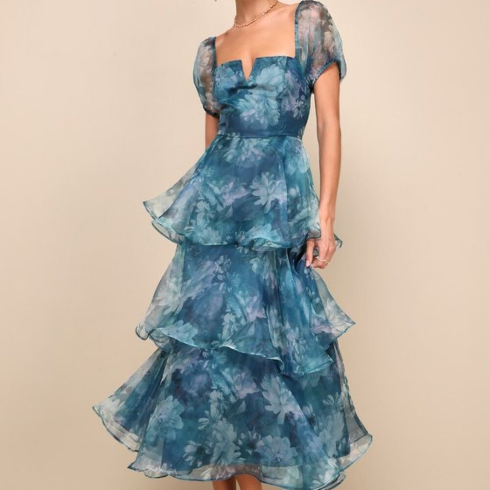 Lulus Teal Floral Organza Puff Sleeve Tiered Midi Dress Size L